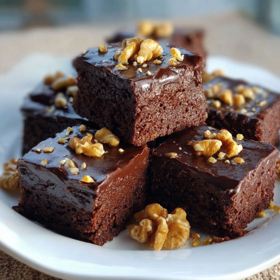 A plate of chocolate fudge cake with walnuts on top.