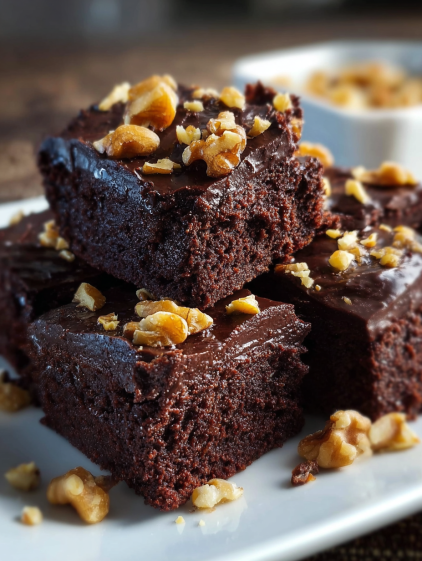 A close up of a chocolate cake with nuts on top.