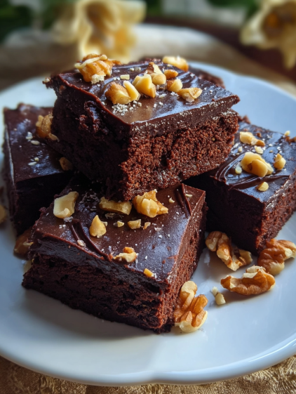 A plate of chocolate cake with nuts on top.