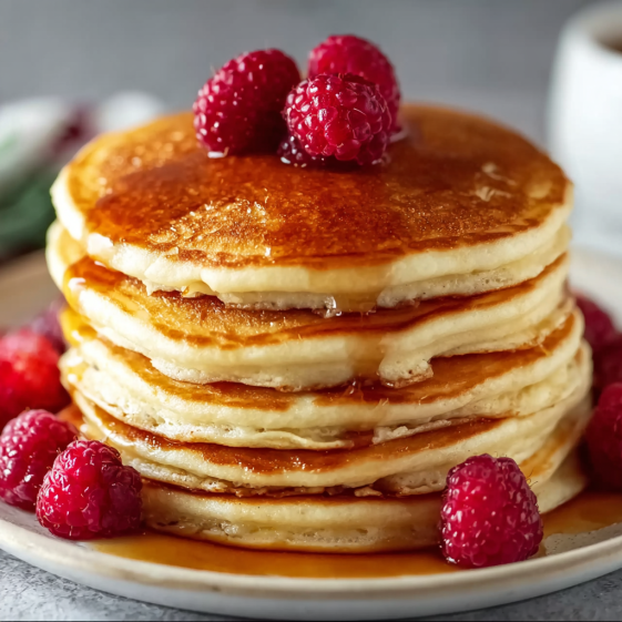 A stack of fluffy pancakes with berries on top.