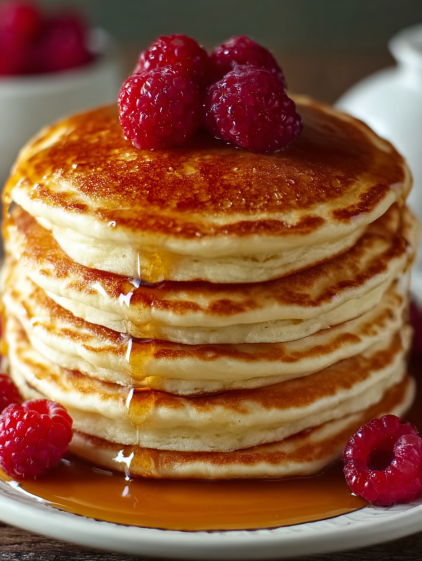 A stack of pancakes with raspberries on top.