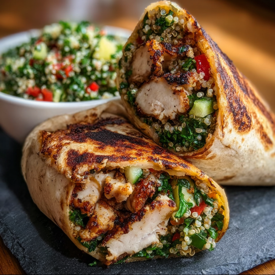 A wrap with chicken and vegetables on a table.