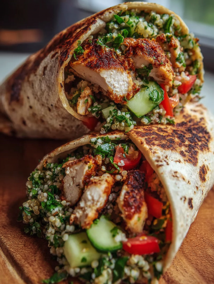 A wrap with chicken, tomatoes, cucumbers and lettuce.