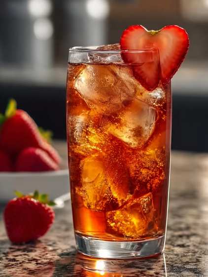A glass of Strawberry Dirty Sprite Drink with ice and a strawberry on the side.