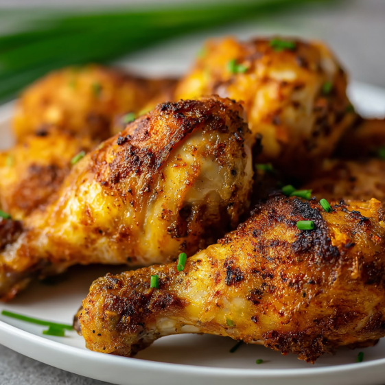 A plate of baked fried chicken.