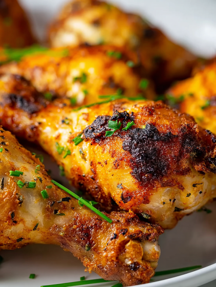 A close up of a piece of chicken with herbs on it.