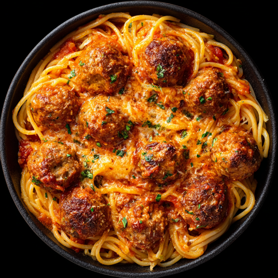 A bowl of creamy spaghetti meatballs.