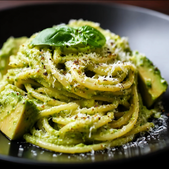 A plate of creamy vegan avocado pasta.