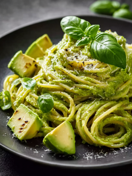 A plate of food with noodles, avocado, and spinach.