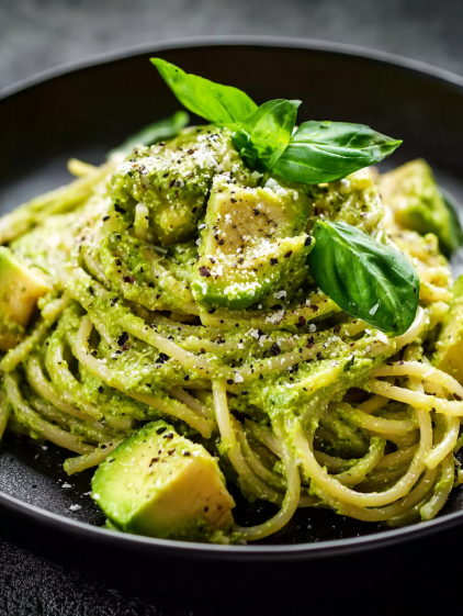 A plate of food with a green sauce and a sprig of parsley on top.