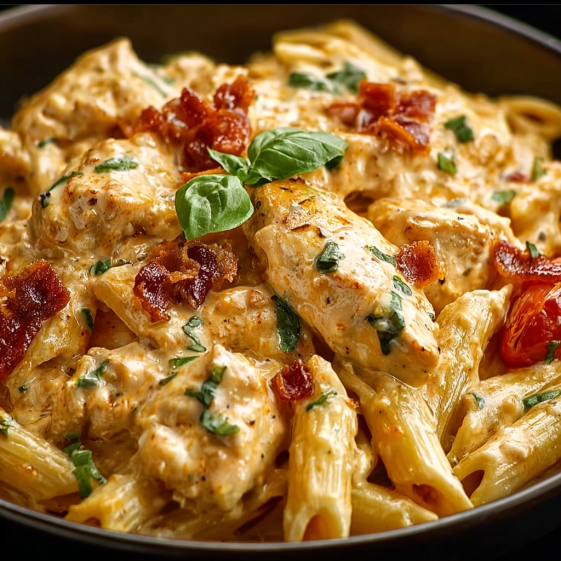 A bowl of creamy chicken parmesan pasta.
