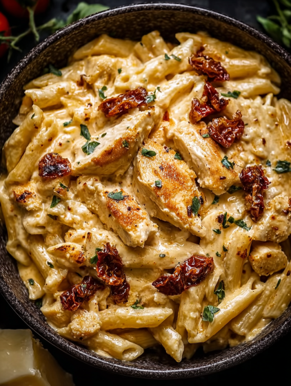 A bowl of pasta with chicken and tomatoes.