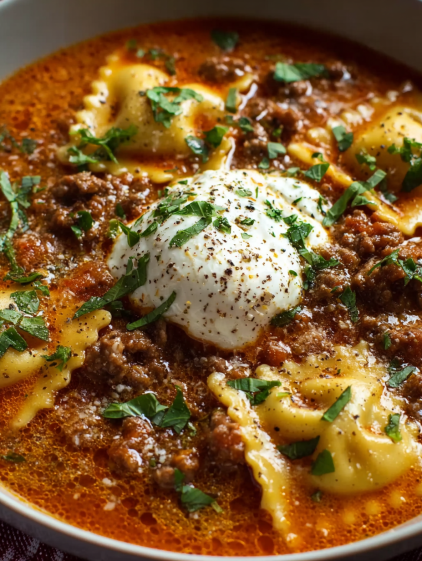 A bowl of creamy lasagna soup with noodles and a white egg on top.