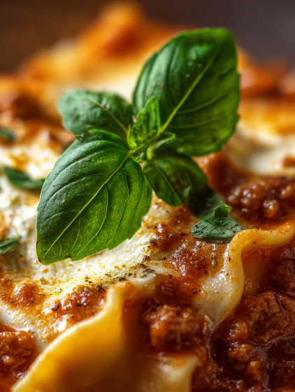 A close up of a creamy lasagna soup with a green herb on top.