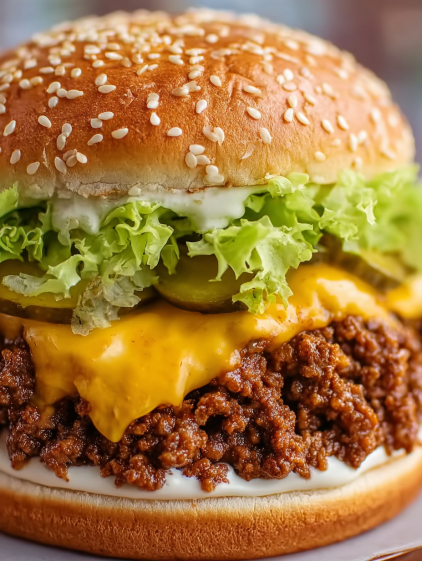 A close up of a hamburger with lettuce, pickles, and cheese.