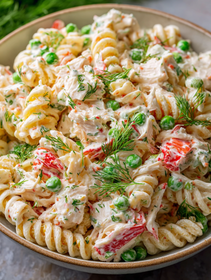 A bowl of pasta with chicken and peas.
