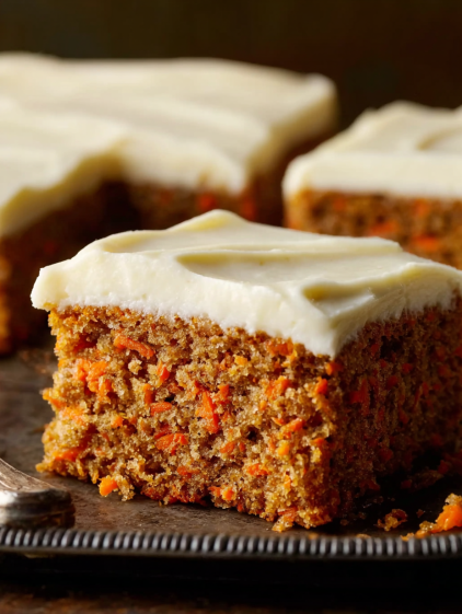 A slice of carrot cake with white frosting.