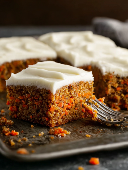 A slice of carrot cake with white frosting.