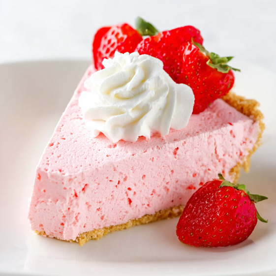 A slice of pink cake with white whipped cream and strawberries.