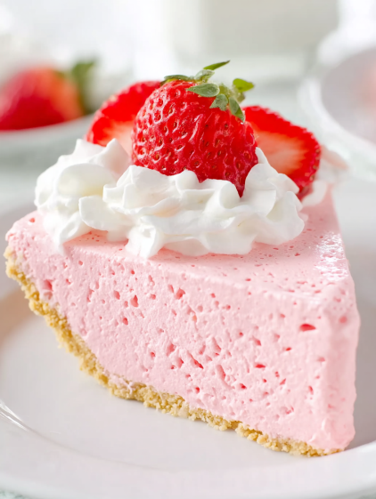 A slice of pink cake with whipped cream and strawberries on top.