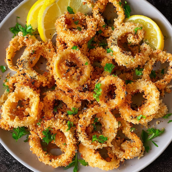 A plate of air fryer calamari with lemon wedges on top.
