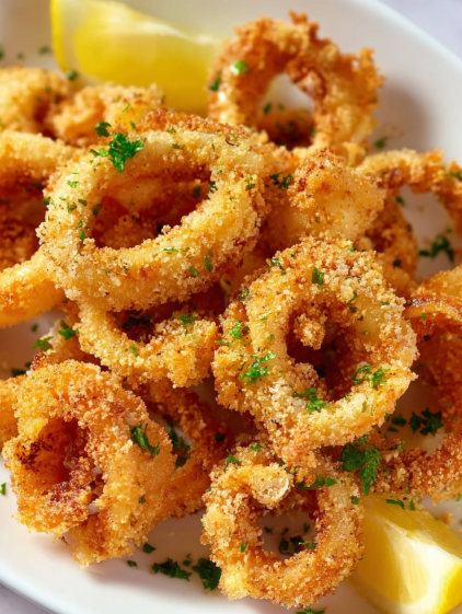 A plate of cooked onion rings.