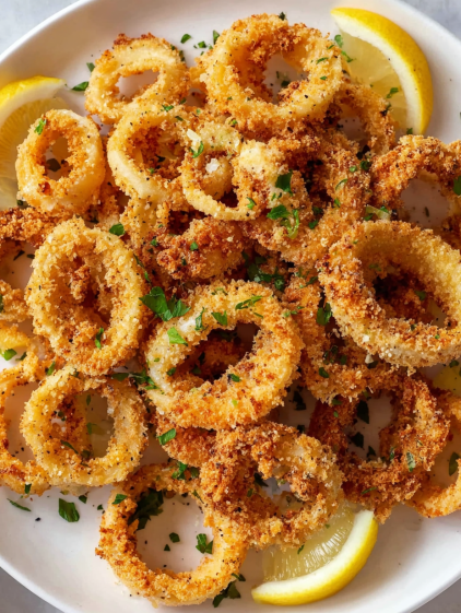 A plate of fried food with lemon wedges on top.
