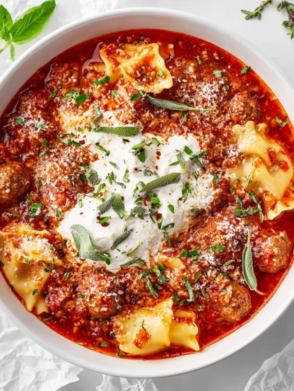 A bowl of pasta with meat and cheese.