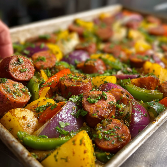 A pan of food with a sausage and peppers.
