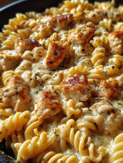 A plate of pasta with chicken and cheese.