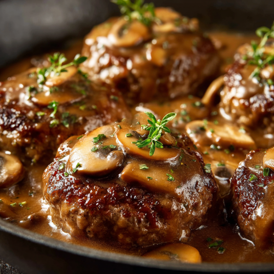 Hamburger steaks smothered in mushrooms and gravy.
