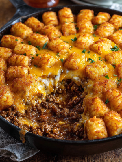 A delicious meal of tater tots and beef.