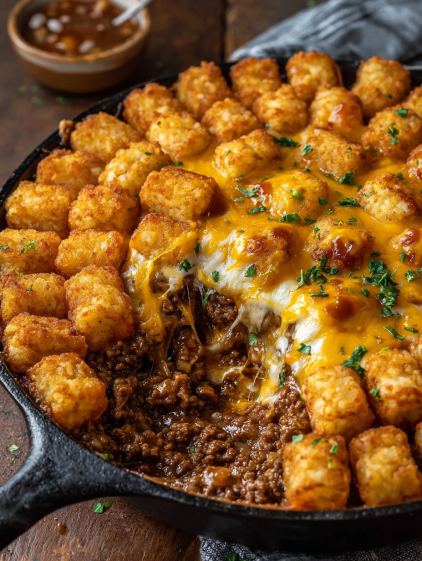 A delicious meal of tater tots and chili.
