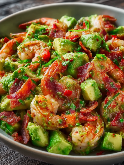 A dish of shrimp and avocado salad with bacon.