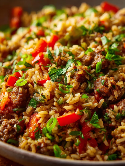 A bowl of rice with meat and vegetables.