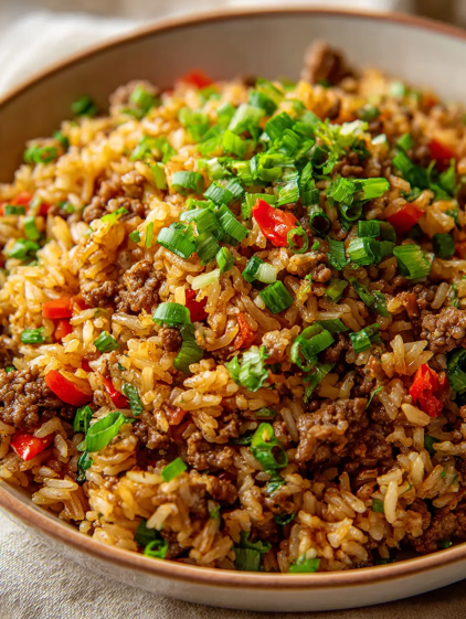 A bowl of rice with meat and green onions.