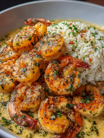 A plate of shrimp and rice with a creamy garlic butter sauce.