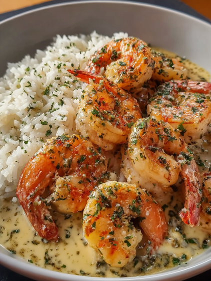 A plate of shrimp with rice and sauce.