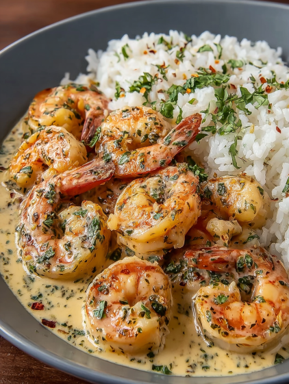 A bowl of shrimp and rice.