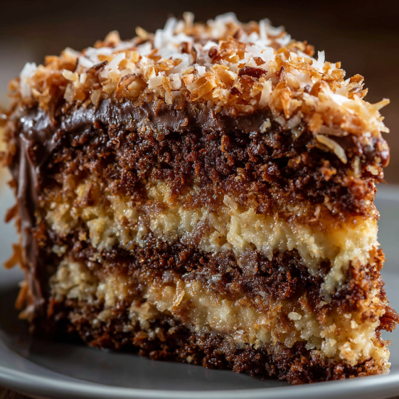 A slice of German Chocolate Cake with coconut and pecans.
