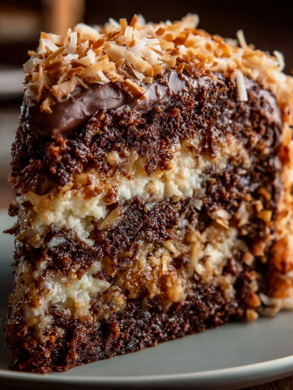 A slice of German Chocolate Cake with coconut and pecans.