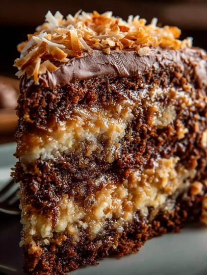 A slice of German Chocolate Cake with coconut and pecans.