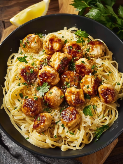 A bowl of pasta with chicken and sauce.