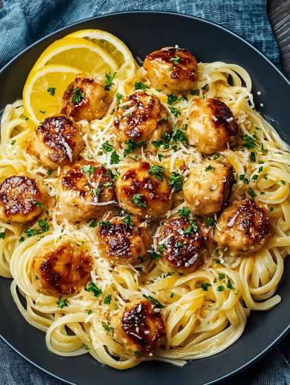 A plate of delicious lemon parmesan pasta with chicken.