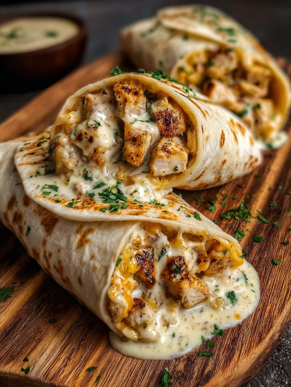 Two cheesy garlic chicken wraps on a wooden cutting board.