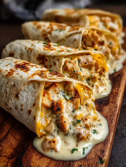 A chicken wrap with cheese and sauce.