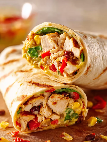 A chicken burrito with lettuce and tomatoes.