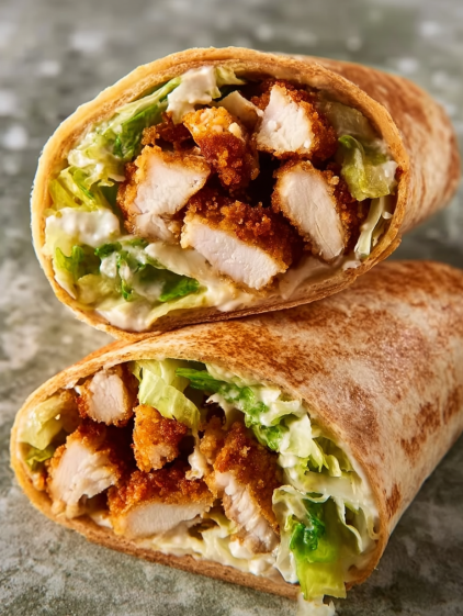 A chicken wrap with lettuce and cheese.