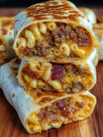 A burrito with macaroni and cheese.