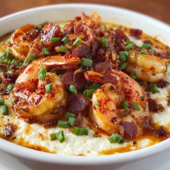 A bowl of shrimp grits with bacon.